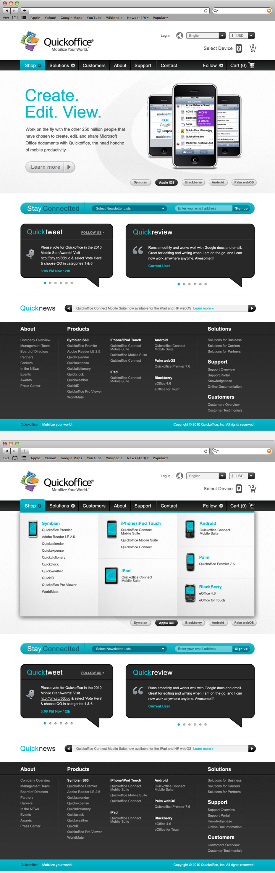 Quickoffice Website Homepage & Shopping Nav